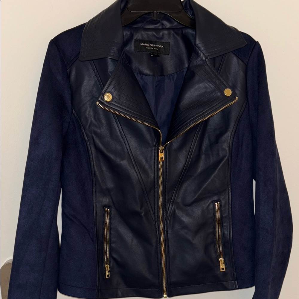 Marc New York Blue Leather Moto Jacket with Asymmetrical Zipper